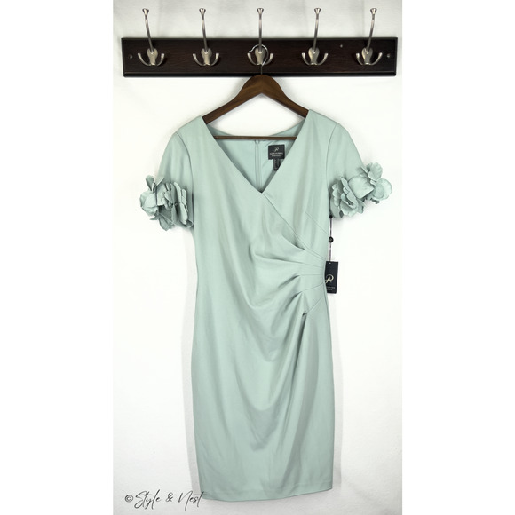 Adrianna Papell Women's Knit Crepe Dress ICY Sage Coquette Garden Party Size 10 - Picture 2 of 5